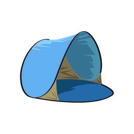 Blue open camping tent vector illustration. Cartoon drawing of camper tent, travel home isolated on white background. Camping, traveling, tourism conceptのイラスト素材