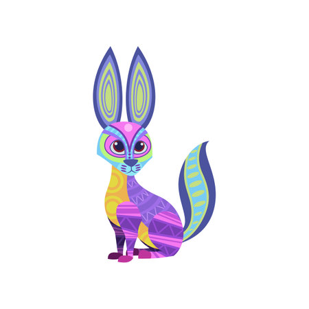 Fantastic rabbit or cat as traditional Mexican decorative element isolated on white background. Colorful Mexican alebrije vector illustration. Mexico, decoration, celebration conceptのイラスト素材