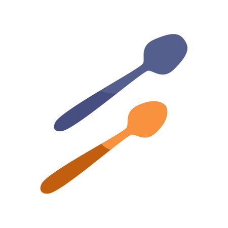 Orange and blue clay spoons vector illustration. Cartoon drawing of items for food or kitchen isolated on white background. Kitchenware, household, pottery conceptのイラスト素材