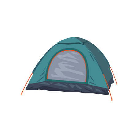 Blue camping tent vector illustration. Cartoon drawing of camper tent, travel home isolated on white background. Camping, traveling, tourism conceptのイラスト素材