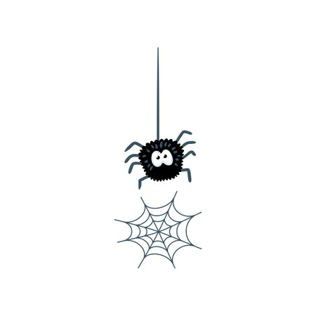 Cute spider on cobweb vector illustration. Cartoon drawing of funny spooky Halloween decoration isolated on white background. Halloween, fantasy conceptのイラスト素材