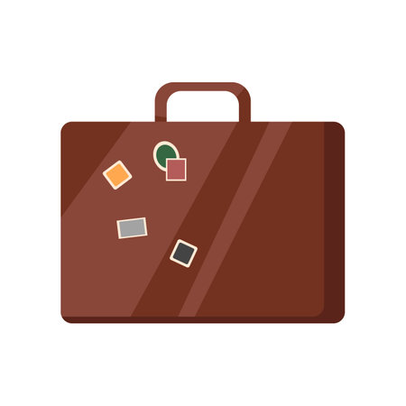 Suitcase with stickers or stamps cartoon vector illustration. Cartoon drawing of summer vacation or fashion accessory isolated on white background. Traveling, tourism, baggage conceptのイラスト素材