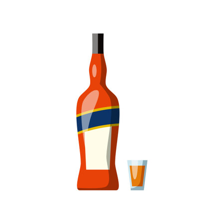 Rum or whiskey in orange glass bottle vector illustration. Rum, whiskey, alcohol drink. Icon of bar menu isolated on white backgroundのイラスト素材