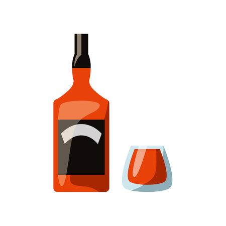 Whiskey in orange glass bottle vector illustration. Whiskey, alcohol drink. Icon of bar menu isolated on white backgroundのイラスト素材