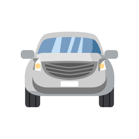 Silver car front view cartoon vector illustration. Silver transport vehicle, silver or white car on white background. Means of transport, travel transportation conceptのイラスト素材