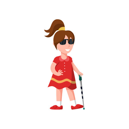 Cartoon blind girl with white cane vector illustration. Blind girl with walking stick. Disability, health, accessibility conceptのイラスト素材