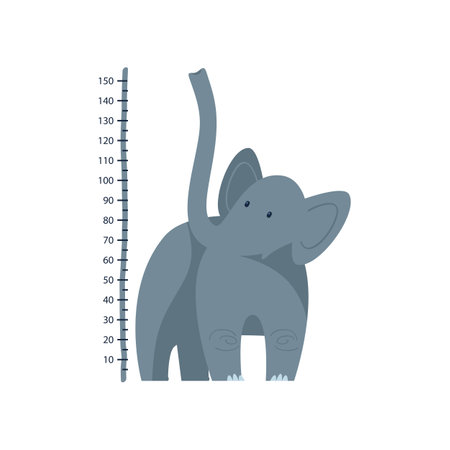 Kid height measure ruler for wall with elephant illustration. Child growth meter or chart, cute animal cartoon elephant character isolated on white background. Measurement conceptのイラスト素材