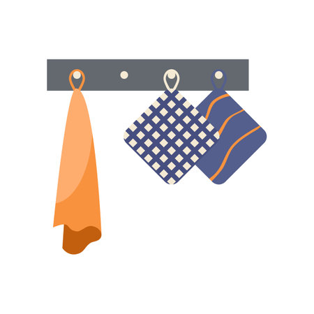 Towel and potholders hanging on hooks vector illustration. Cartoon drawing of orange towel and blue potholders for kitchen isolated on white background. Kitchenware, household conceptのイラスト素材