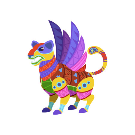 Fantastic griffon as traditional Mexican decorative element isolated on white background. Colorful Mexican alebrije vector illustration. Mexico, decoration, celebration conceptのイラスト素材
