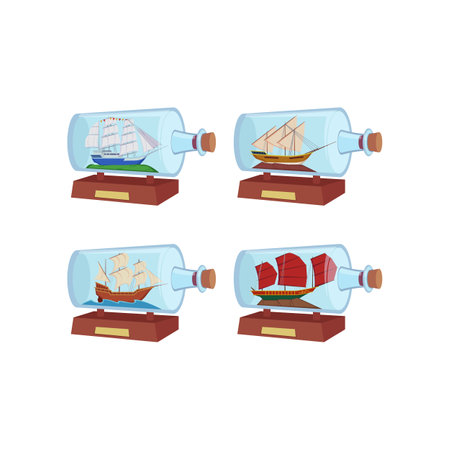 Ships inside horizontal glass bottles vector illustrations set. Drawings of souvenirs, miniature models of sea vessels isolated on white background. Decoration, hobby or craft, adventure conceptのイラスト素材