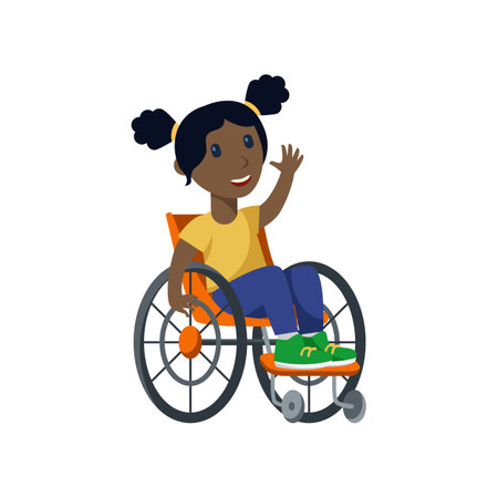 Cartoon girl with physical disability on wheelchair illustration. Girl on wheelchair. Disability, health, accessibility conceptのイラスト素材