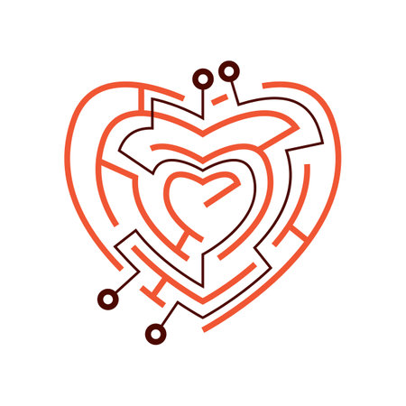 Red heart-shaped labyrinth cartoon vector illustration. Maze with various entrances and exits, directions, right and wrong ways. Riddles, labyrinth games conceptのイラスト素材
