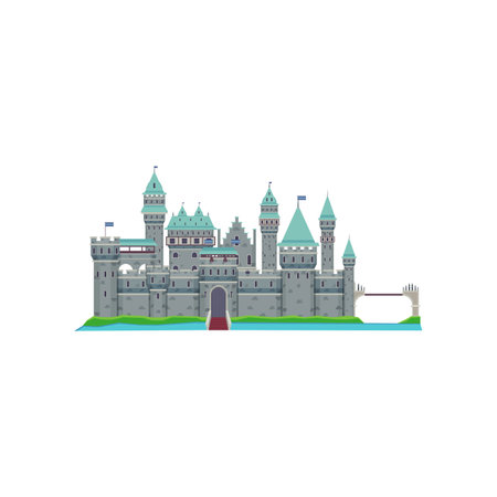 Stone medieval castle vector illustration. Cartoon drawing of grey fortress with bridge and river isolated on white background. Architecture, construction, history conceptのイラスト素材