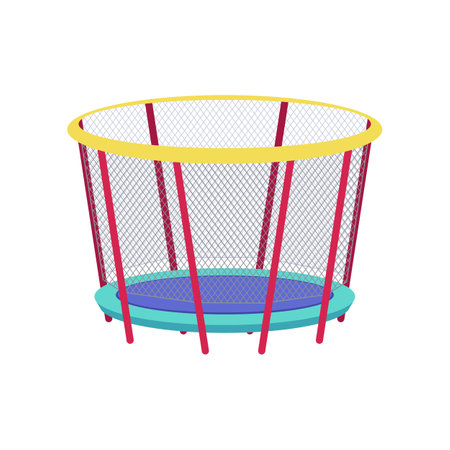 Trampoline with enclosure for sports center vector illustration. Bouncy object for playground or playroom isolated on white background. Childhood, fitness, leisure conceptのイラスト素材