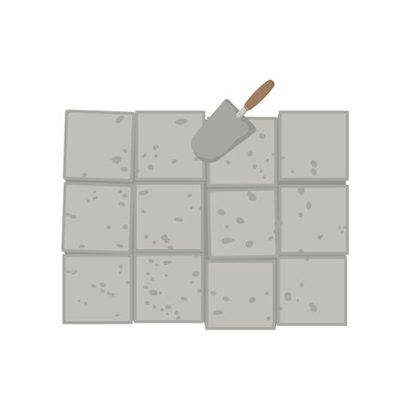 Top view of white bricks and trowel vector illustration. Cartoon drawing of tool and materials for construction or building isolated on white background. Construction industry or materials conceptのイラスト素材
