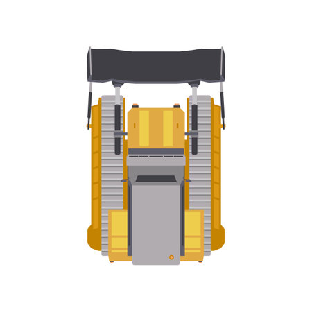 Top view of yellow bulldozer vector illustration. Cartoon drawing of vehicle for construction or building isolated on white background. Construction industry, heavy machinery conceptのイラスト素材