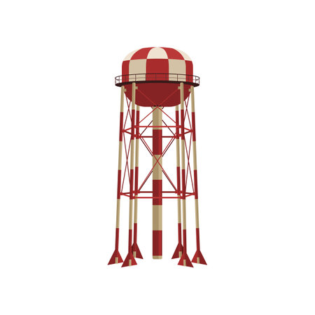 Red and white metal construction for water vector illustration. Cartoon drawing of water tower with container for storage of hydro resource reserve isolated on white background. Water supply conceptのイラスト素材