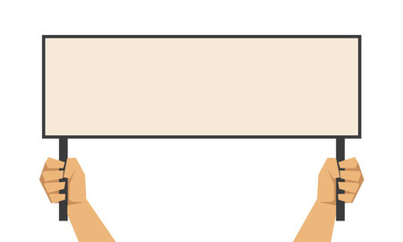 Hands of person holding empty banner vector illustration. Cartoon drawing of activist with blank sign on white background. Democracy, activism, human rights, marketing, advertisement conceptのイラスト素材