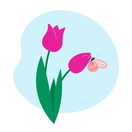 Pink tulips with butterfly vector illustration. Beautiful flowers on white background. Spring bouquet, greeting card design idea. Spring, nature, rebirth, freedom, Womens day conceptのイラスト素材