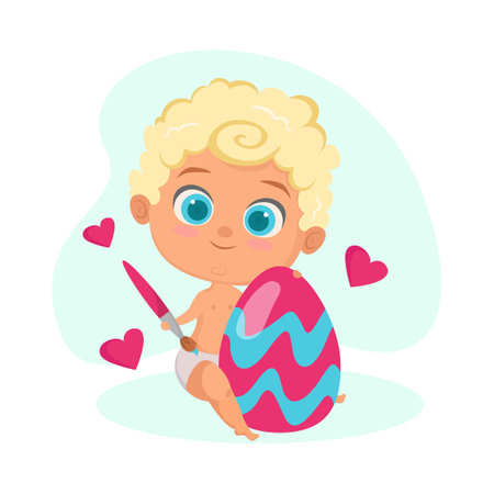 Cute baby painting Easter egg vector illustration. Happy child with paint brush preparing for holiday on white background. Easter, spring, holiday, celebration conceptのイラスト素材