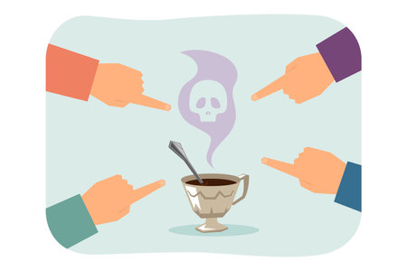 People pointing fingers at coffee vector illustration. Dangerous hot drink cup with steam in shape of skull. Refusal of coffee, harm of caffeine, health care, caffeine free menu conceptのイラスト素材