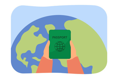 Hands holding passport vector illustration. People traveling around planet for vacation or work. Tourism recovery, international traveling, personal identity document conceptのイラスト素材