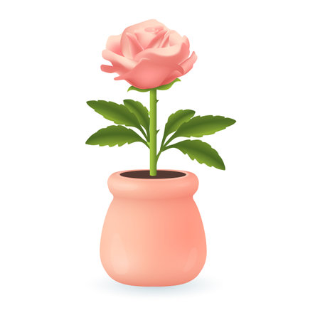 Beautiful pink rose in pink flowerpot 3D illustration. Cartoon drawing of flower with thorns in pot for home or office in 3D style on white background. Nature, botany, spring, beauty, decor conceptのイラスト素材
