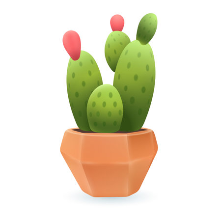 Green cactus with pink flower buds in beige pot 3D illustration. Drawing of exotic flowering plant for home or office in 3D style on white background. Nature, houseplants, decor, botany conceptのイラスト素材