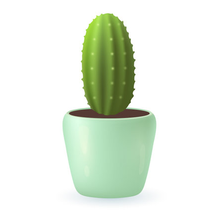 Green cactus plant of oval shape in mint pot 3D illustration. Cartoon drawing of exotic plant for home or office in 3D style on white background. Nature, houseplants, decor, botany conceptのイラスト素材