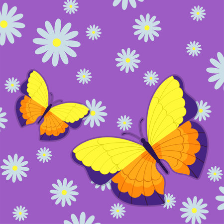 Yellow butterflies vector illustration. Beautiful insects and flowers on purple background. Spring greeting card or poster design. Spring, nature, rebirth, freedom, positivity conceptのイラスト素材