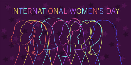 International woman day vector illustration. Women profiles of different colors on purple background. Womans day banner or postcard design. Empowerment movement, diversity, feminism conceptのイラスト素材