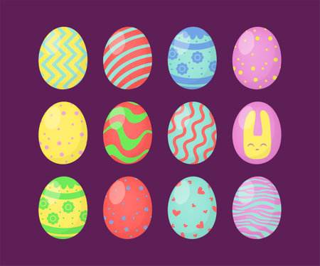 Easter eggs decoration vector illustration set. Colorful yellow, red, blue eggs with different ornaments on purple background. Design ideas. Easter, spring, holiday, celebration conceptのイラスト素材