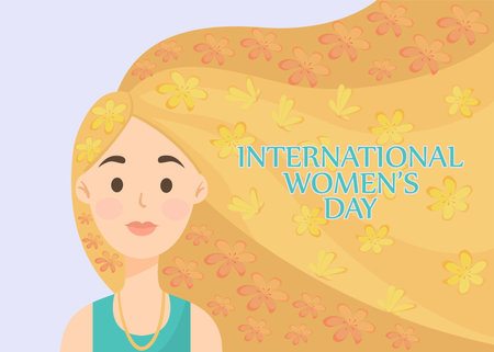 Young woman with long hair vector illustration. Flowers in girl hair. International women day poster or postcard design. Empowerment movement, feminism, spring conceptのイラスト素材
