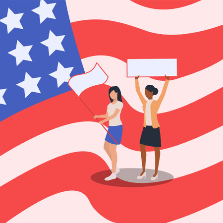 American people protesting vector illustration. Women with banners and blank signs at peaceful protest on USA flag. America, human rights, protest, activism conceptのイラスト素材