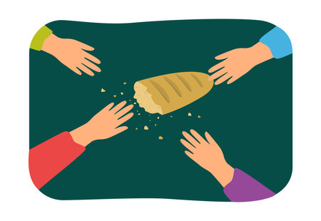 People sharing food vector illustration. Many hands reaching for crumbled bread on dark background. Food shortage, economic crisis, rising inflation, hunger and poverty conceptのイラスト素材