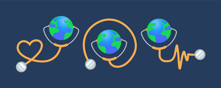 Planet Earth with stethoscope vector illustrations set. Stethoscope in shape of heart, circle, pulse rate on dark background. World Health Day, healthcare, global wellness conceptのイラスト素材