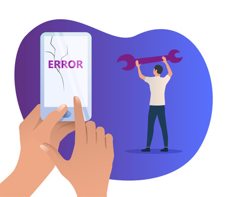 Website maintenance vector illustration. Male worker with wrench fixing bugs in software. Hand holding smartphone with error and broken screen. IT service, device updating, system maintenance conceptのイラスト素材