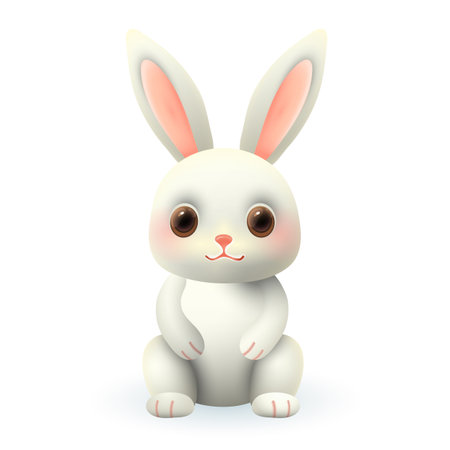 Adorable white bunny 3d illustration. Cute little rabbit sitting and smiling in cartoon style isolated on white background. Animal, nature, wildlife conceptのイラスト素材
