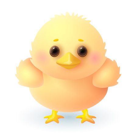 Funny little chick 3d illustration. Adorable baby chicken in cartoon style isolated on white background. Animal, nature, pet, farm conceptのイラスト素材