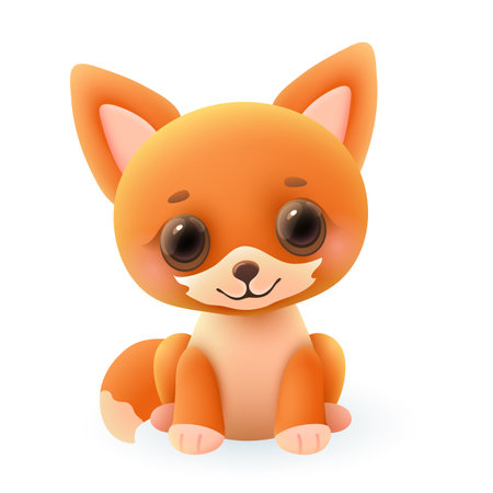Cute little fox 3d illustration. Adorable wild animal in cartoon style sitting and smiling isolated on white background. Animal, nature, wildlife conceptのイラスト素材