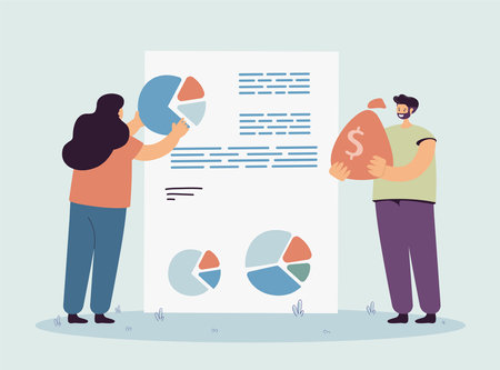 Office workers making business report with pie charts. Businesswoman arranging information and charts for presentation, man holding money bag vector illustration. Business, finances conceptのイラスト素材