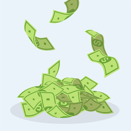 Dollar bills falling into pile vector illustration. Cartoon drawing of cash, banknotes or money falling in heap. Business, economy, budget, wealth, success conceptのイラスト素材