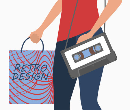 Lower half of woman with retro cassette bag vector illustration. Cartoon drawing of female character holding accessories in retro style. Retro or vintage, nostalgia conceptのイラスト素材