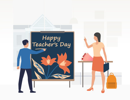 Student painting picture for teachers day vector illustration. Cartoon drawing of schoolboy making present for female teacher in classroom. Education, teacher day, celebration conceptのイラスト素材