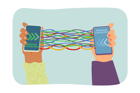Wires connecting phones in hands of people vector illustration. Cartoon drawing of smartphones connected by fiber optics or cables. Network connection, Internet, communication conceptのイラスト素材
