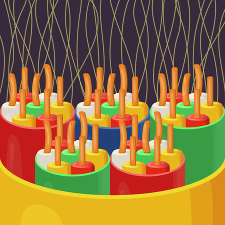 Colorful optical fiber cables flat vector illustration. Cartoon drawing of wires or optical fiber. Technology, connection, network or Internet conceptのイラスト素材