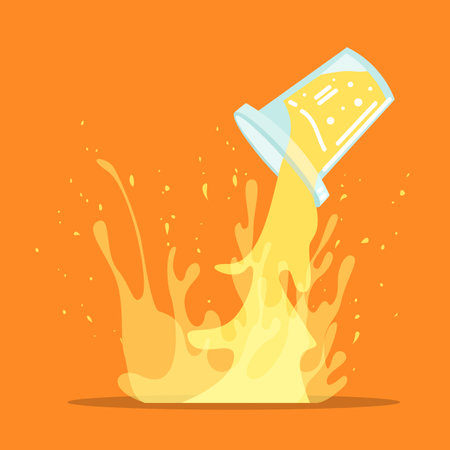 Orange juice splashes vector illustration. Spilling soda drink from glass on orange background. Advertisement, beverage, food, lunch conceptのイラスト素材