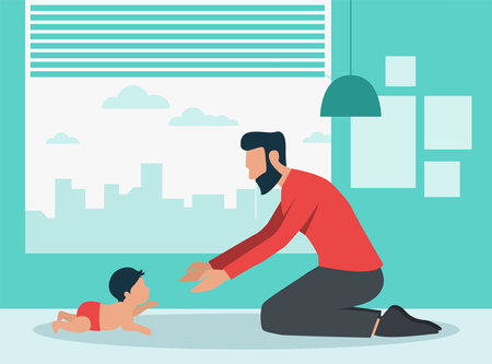Father taking care of baby vector illustration. Little boy crawling to dad on floor, man kneeling and reaching to hug child. Fathers day, family, love, parenthood conceptのイラスト素材