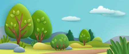 Summer landscape 3d illustration. Natural background with green trees, bushes and pathway in cartoon style. Nature, summer, season, forest conceptのイラスト素材