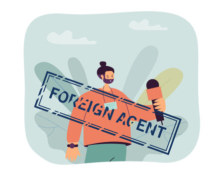 Foreign agent stamp on journalist with microphone. Political activist or protester with opposing opinion of government flat vector illustration. Politics, security, media, law, journalism conceptのイラスト素材
